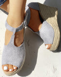 Sandales compensées espadrilles évidées en daim