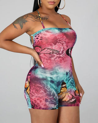 Combi-short bandage dos nu imprimé papillon tie-dye