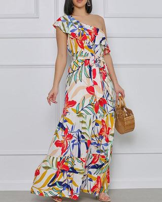 Robe longue à volants et imprimé floral avec ceinture