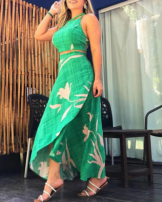 Ensemble top et jupe portefeuille à imprimé plantes