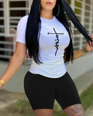 Ensemble 2 pièces haut blanc uni imprimé signature et short noir uni