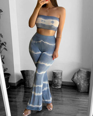 Ensemble top court bandeau imprimé tie dye et pantalon bootcut