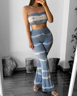 Ensemble top court bandeau imprimé tie dye et pantalon bootcut