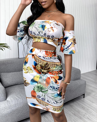 Ensemble jupe à épaules dénudées à imprimé tropical