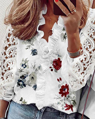 Haut à manches en dentelle crochetée à imprimé floral et ourlet volanté