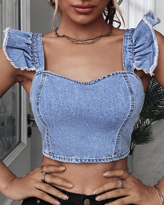 Crop top en denim à manches flottantes et ourlet volanté