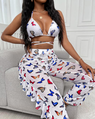 Ensemble haut croisé à imprimé papillon et pantalon en maille transparente à volants