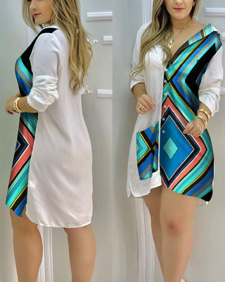 Mini-robe chemise boutonnée à manches longues et patchwork à motifs