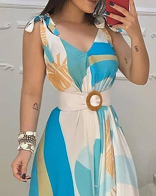 Robe longue nouée à col en V imprimé tropical avec ceinture