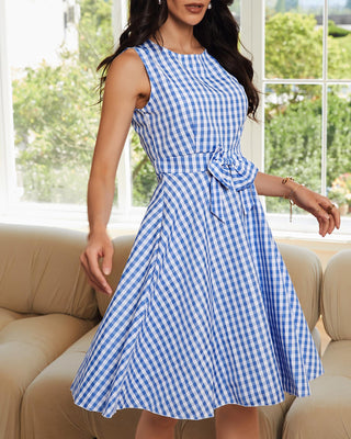 Mommy & Me Plaid Bowknot Decor Robe Décontractée Sans Manches Pour Maman