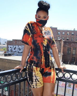Ensemble top et short à col en V à imprimé tie-dye avec cache-visage