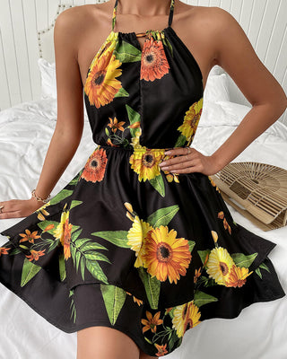 Robe froncée à imprimé floral et licou