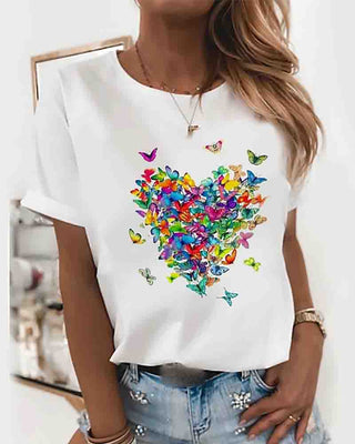 T-shirt basique en coton à imprimé papillon et col rond