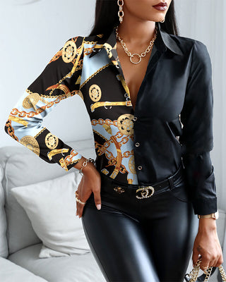 Blouse boutonnée à patchwork de motifs rétro