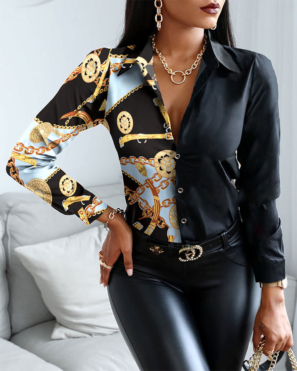 Blouse boutonnée à patchwork de motifs rétro
