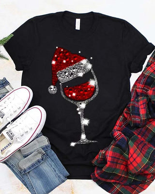 T-shirt de Noël à manches courtes et chapeau de verre à vin