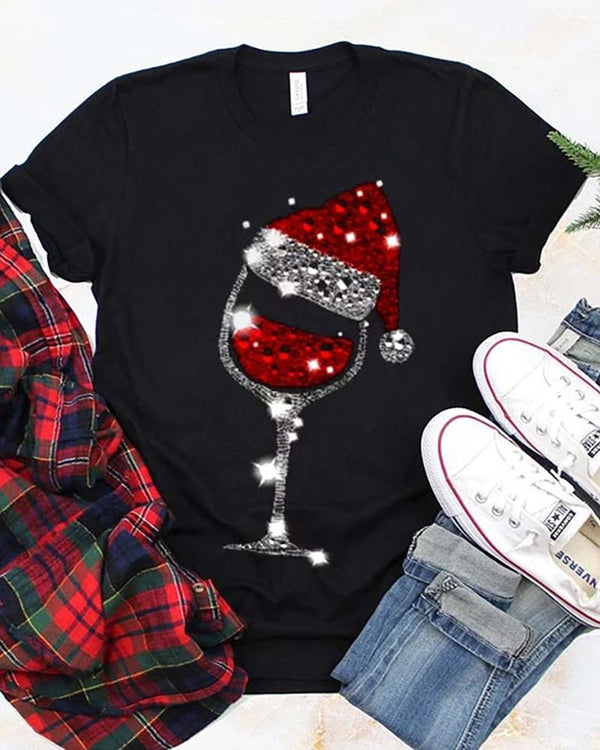 T-shirt de Noël à manches courtes et chapeau de verre à vin