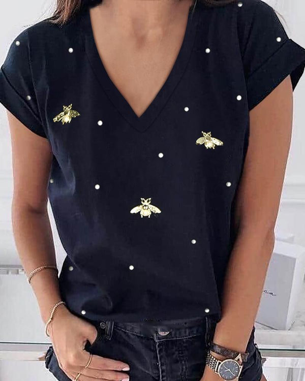 T-shirt décontracté à motif d'abeilles perlées