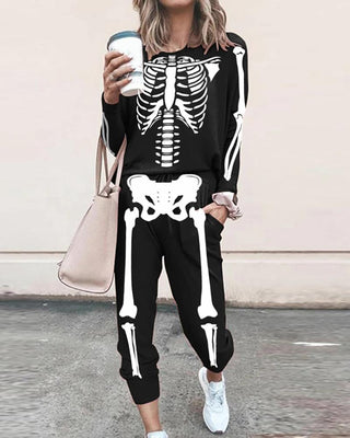 Ensemble de pantalons à motif de poche et haut à imprimé squelette Halloween