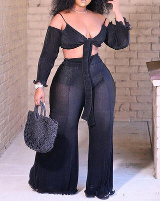Ensemble top court noué à épaules dénudées et pantalon large