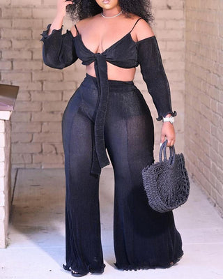 Ensemble top court noué à épaules dénudées et pantalon large