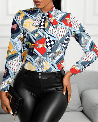Chemise à col noué à imprimé graphique et color block