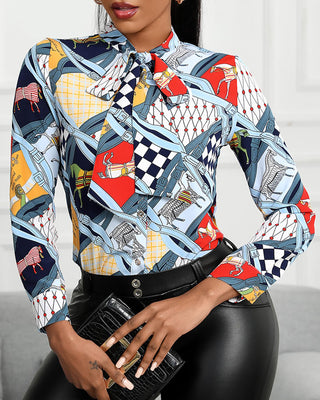 Chemise à col noué à imprimé graphique et color block