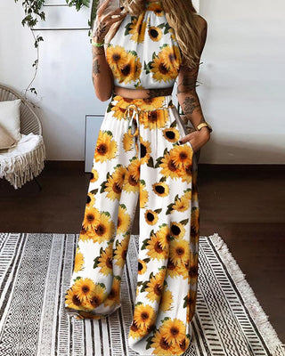 Ensemble haut à imprimé tournesol licou et pantalon design avec poche à cordon