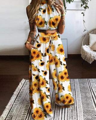Ensemble haut à imprimé tournesol licou et pantalon design avec poche à cordon