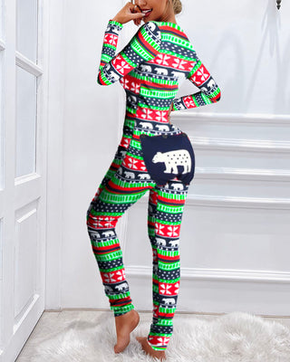 Pyjama fonctionnel à rabat boutonné imprimé animal de Noël pour adultes
