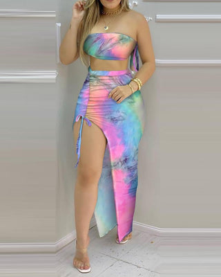Ensemble top court bandeau à imprimé tie-dye et jupe à fente haute