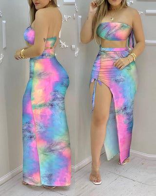 Ensemble top court bandeau à imprimé tie-dye et jupe à fente haute