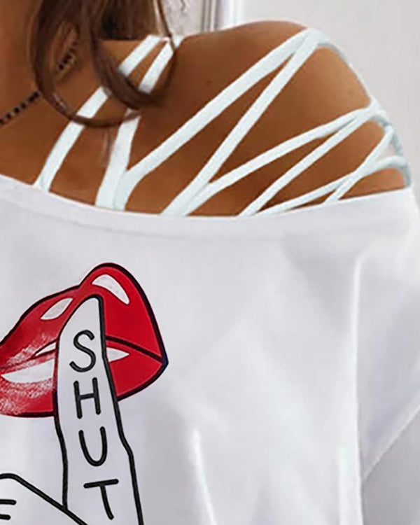 T-shirt à lacets asymétrique et lettre à slogan Lip