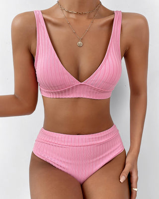 Soutien-gorge sans manches uni avec ensembles de bikini culottes taille haute