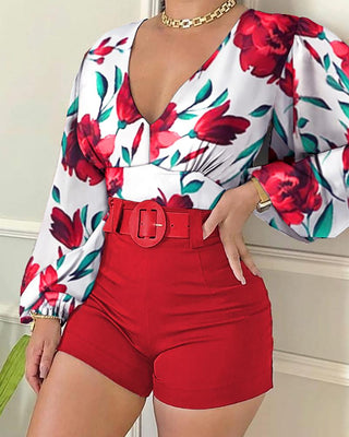 Ensemble haut à manches lanterne à imprimé floral et short uni