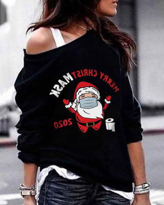Sweatshirt à une épaule imprimé lettre Père Noël de Noël