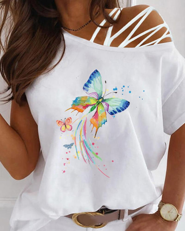T-shirt imprimé papillon à col rond