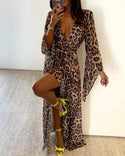 Robe longue à manches longues et col en V profond à imprimé léopard