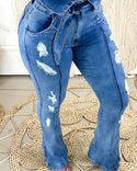 Pantalon en jean skinny cloche déchiré à lacets uni