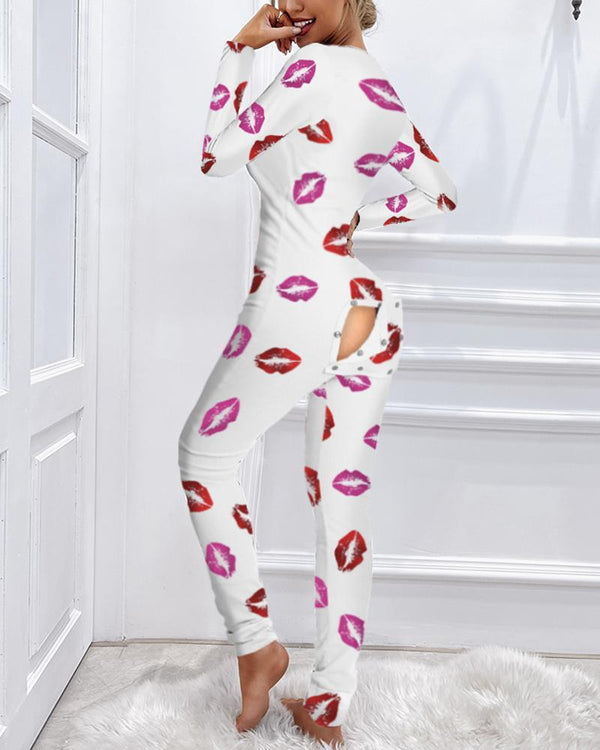 Pyjama fonctionnel à rabat boutonné imprimé lèvres pour adultes