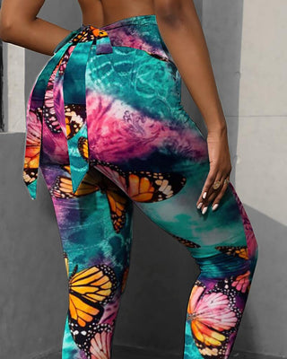 Collant d'entraînement de contrôle du ventre papillon imprimé tie-dye Bowknot