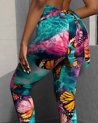 Collant d'entraînement de contrôle du ventre papillon imprimé tie-dye Bowknot