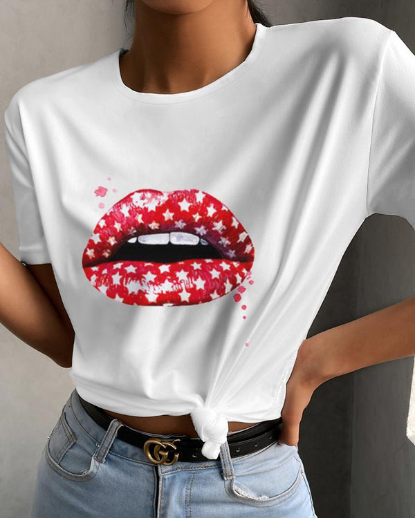 T-shirt décontracté à col rond et imprimé étoile de lèvres