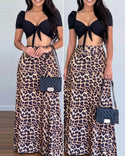 Ensemble top court à manches courtes et jupe taille haute à imprimé léopard