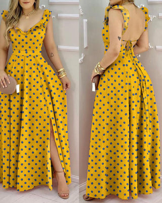 Robe longue à pois avec ourlet à volants et dos ouvert