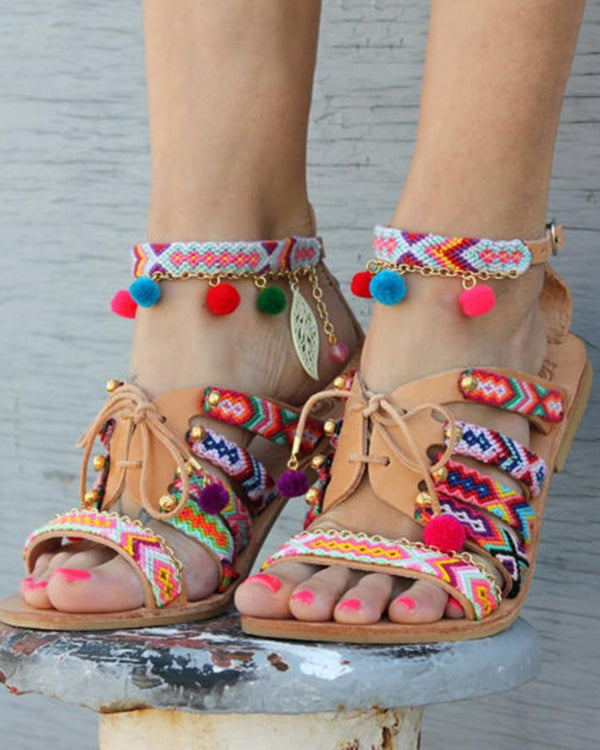 Sandales plates décontractées à lacets de style ethnique