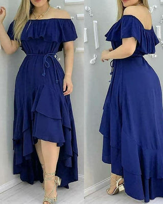 Robe longue asymétrique à volants superposés avec ceinture