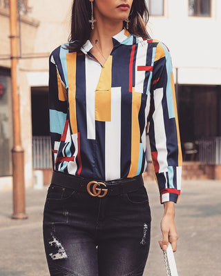 Chemise Casual à col en V et à rayures colorées
