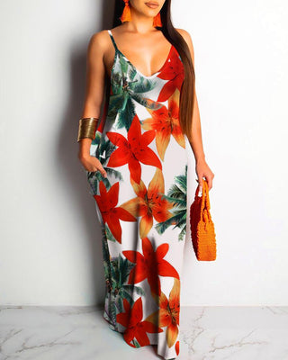 Robe longue à imprimé floral avec poche et palmier