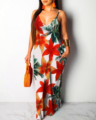 Robe longue à imprimé floral avec poche et palmier